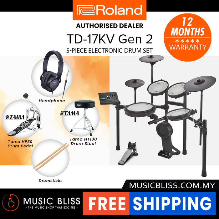 Roland TD-17KV Gen 2 V-Drums Digital Drum Electronic Drum with RH-5 Headphone, Kick Pedal, Drum Throne and Drumsticks