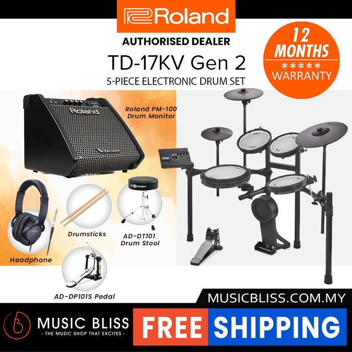 Roland TD-17KV Gen 2 V-Drums Digital Drum Electronic Drum with RH-5 Headphone, Kick Pedal, Drum Throne and Drumsticks