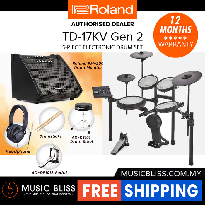 Roland TD-17KV Gen 2 V-Drums Digital Drum Electronic Drum with RH-5 Headphone, Kick Pedal, Drum Throne and Drumsticks