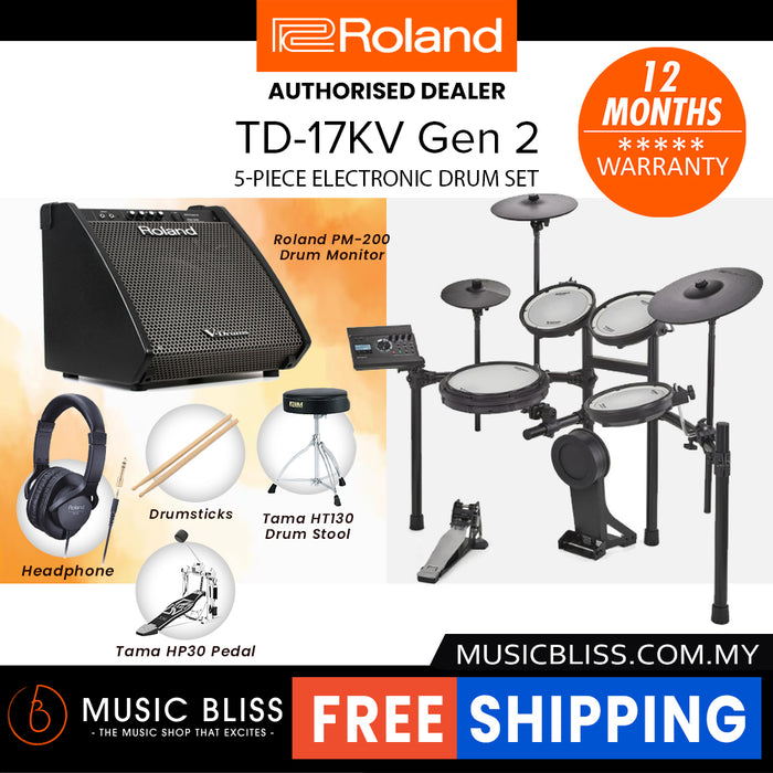 Roland TD-17KV Gen 2 V-Drums Digital Drum Electronic Drum with RH-5 Headphone, Kick Pedal, Drum Throne and Drumsticks
