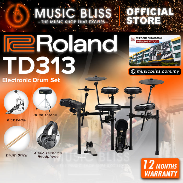 Roland V-Drums TD313 Electronic Drum Set with Headphone, Kick Pedal, Throne and Drumsticks