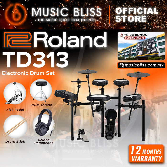 Roland V-Drums TD313 Electronic Drum Set with Headphone, Kick Pedal, Throne and Drumsticks