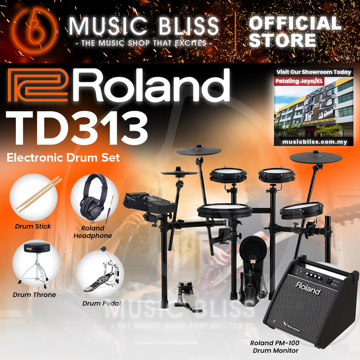 Roland V-Drums TD313 Electronic Drum Set with Headphone, Kick Pedal, Throne and Drumsticks