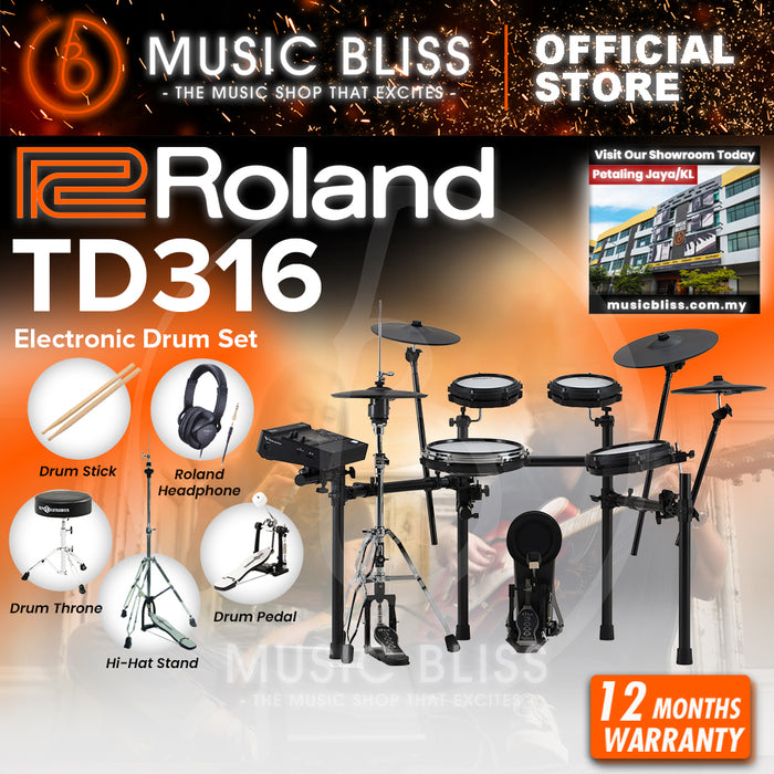Roland V-Drums TD316 Electronic Drum Set with Headphone, Kick Pedal, Throne and Drumsticks