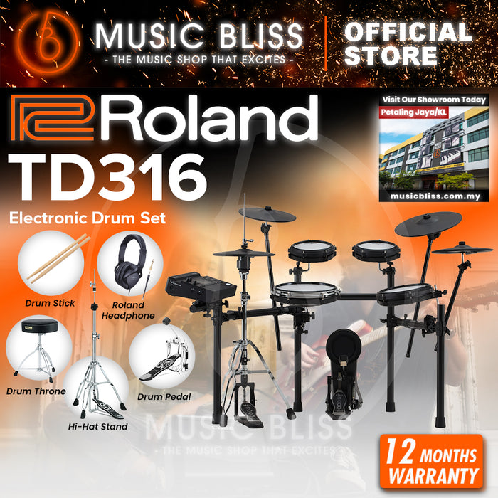 Roland V-Drums TD316 Electronic Drum Set with Headphone, Kick Pedal, Throne and Drumsticks