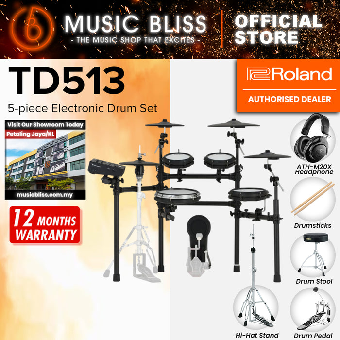 Roland V-Drums TD513 Electronic Drum Set with Headphone, Kick Pedal, Throne and Drumsticks