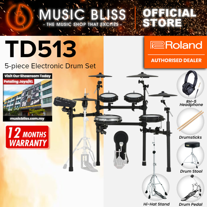 Roland V-Drums TD513 Electronic Drum Set with Headphone, Kick Pedal, Throne and Drumsticks