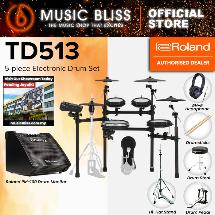 Roland V-Drums TD513 Electronic Drum Set with Headphone, Kick Pedal, Throne and Drumsticks