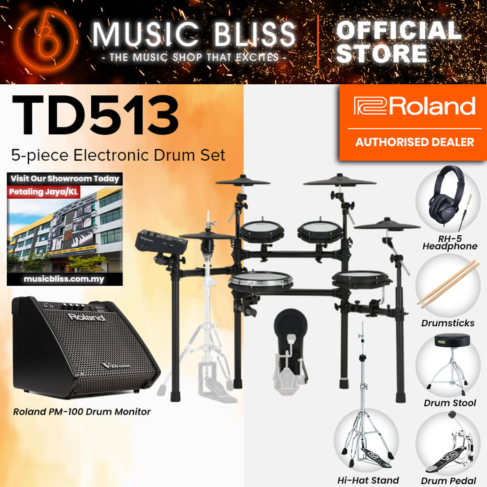 Roland V-Drums TD513 Electronic Drum Set with Headphone, Kick Pedal, Throne and Drumsticks