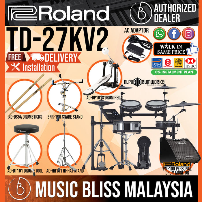 Roland TD-27KV Gen 2 V-Drums Electronic Drum Set with RH-5 Headphone, Kick Pedal, Throne and Drumsticks