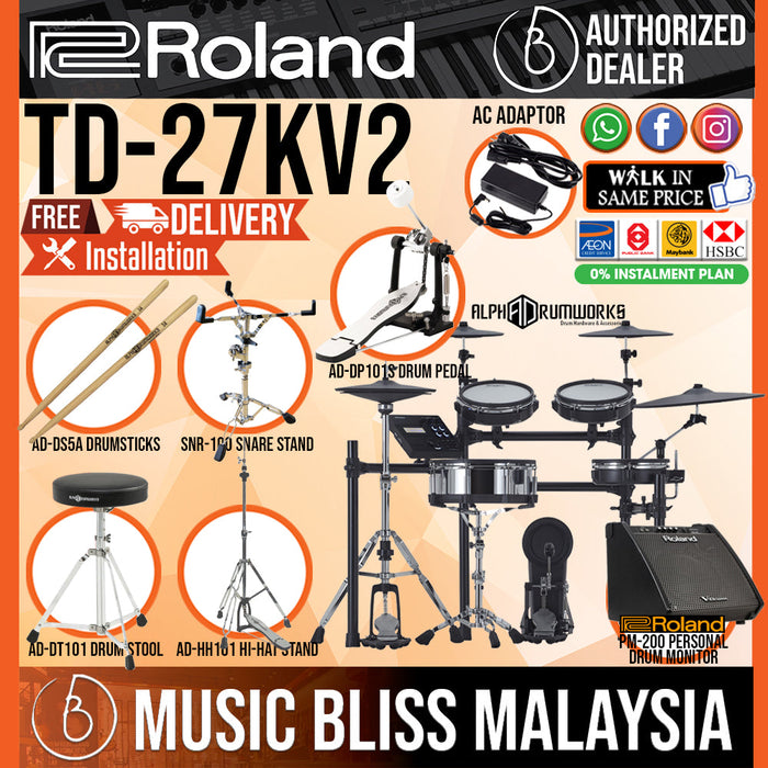 Roland TD-27KV Gen 2 V-Drums Electronic Drum Set with RH-5 Headphone, Kick Pedal, Throne and Drumsticks