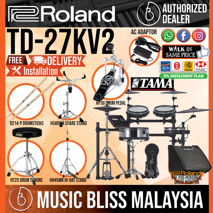 Roland TD-27KV Gen 2 V-Drums Electronic Drum Set with RH-5 Headphone, Kick Pedal, Throne and Drumsticks