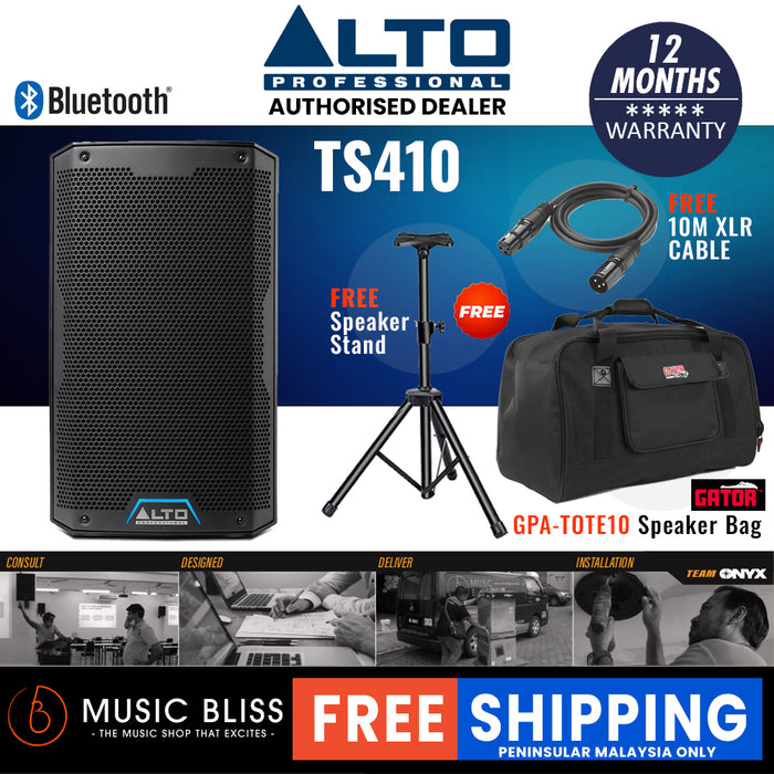 Alto TS410 2000W 10" Powered Speaker with Gator GPA-TOTE10 Speaker Tote Bag, Speaker Stand and Cable - Music Bliss Malaysia