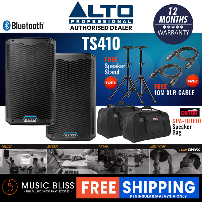 Alto TS410 2000W 10" Powered Speaker with Gator GPA-TOTE10 Speaker Tote Bag, Speaker Stand and Cable - Pair - Music Bliss Malaysia