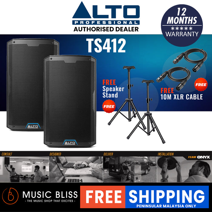 Alto TS412 2500W 12" Powered Speaker with Stand and Cable - Pair - Music Bliss Malaysia