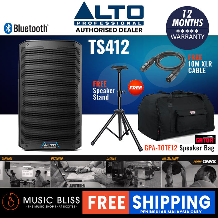 Alto TS412 2500W 12" Powered Speaker with Gator GPA-TOTE12 Speaker Tote Bag, Speaker Stand and Cable - Music Bliss Malaysia