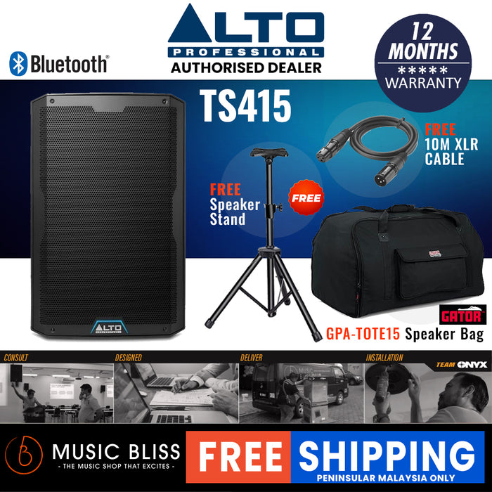 Alto TS415 2500W 15" Powered Speaker with Gator GPA-TOTE15 Speaker Tote Bag, Speaker Stand and Cable - Music Bliss Malaysia