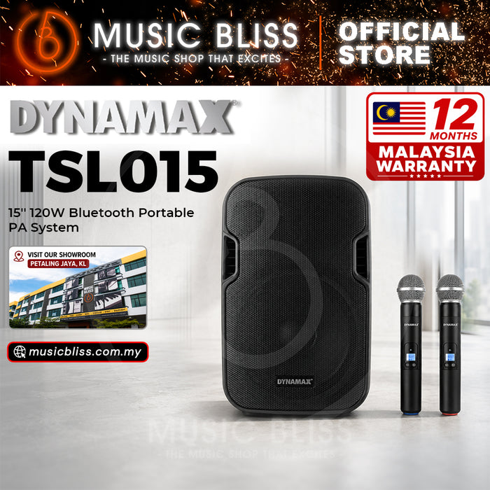 Dynamax TSL015 15'' 120W Bluetooth Portable PA System Speaker with 2 pcs 16 channel UHF handheld mic, TWS (MCMC)