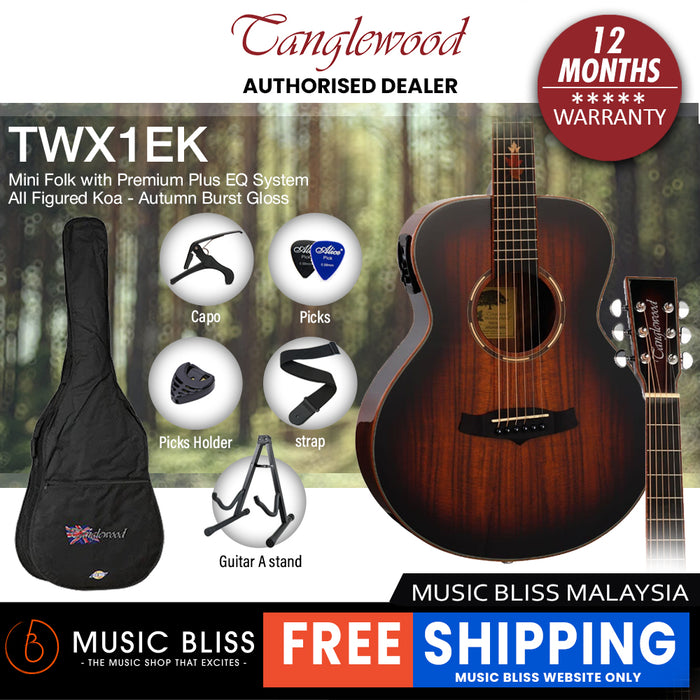 Tanglewood TWX1EK Mini Folk with Premium Plus EQ System All Figured Koa - Autumn Burst Gloss
