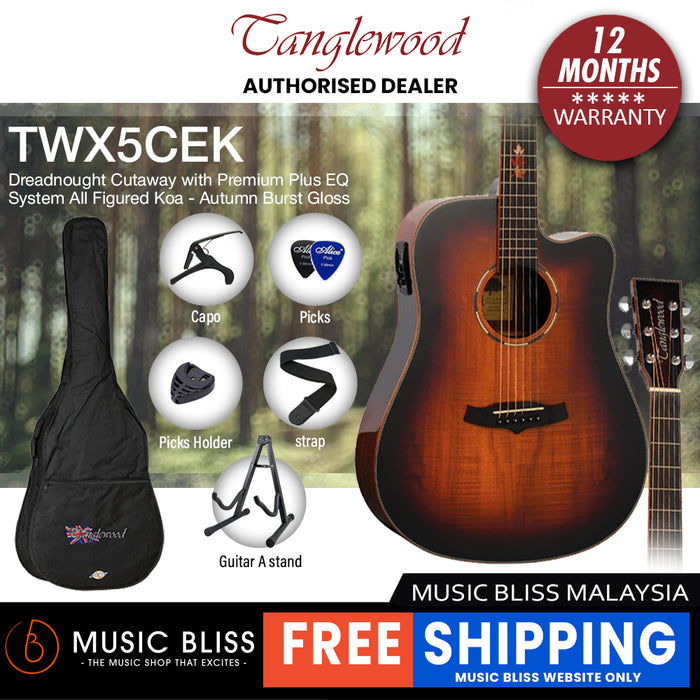Tanglewood TWX5CEK Dreadnought Cutaway with Premium Plus EQ System All Figured Koa - Autumn Burst Gloss