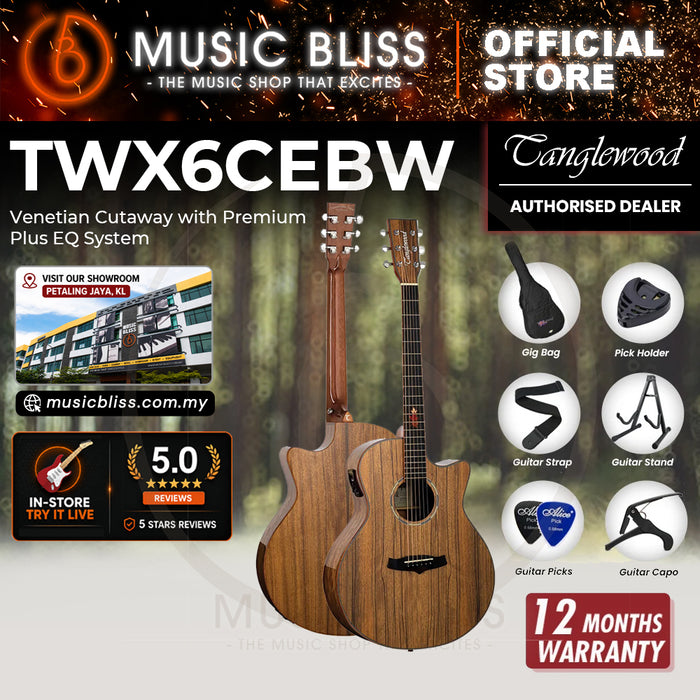 Tanglewood TWX6CEBW Venetian Cutaway with Premium Plus EQ System All Figured Black Walnut Solid Top - Gloss