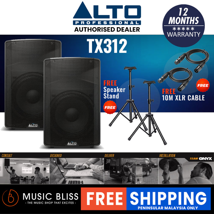 Alto TX312 700W 12" Powered Speaker with Stand and Cable - Pair - Music Bliss Malaysia
