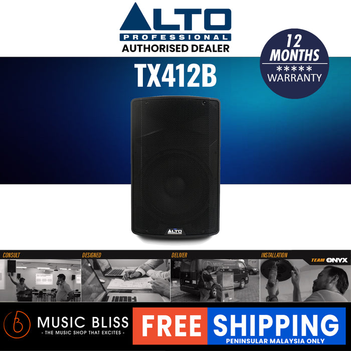 Alto Professional TX412B speaker with 12n month warranty and shipping information on a blue and white background.