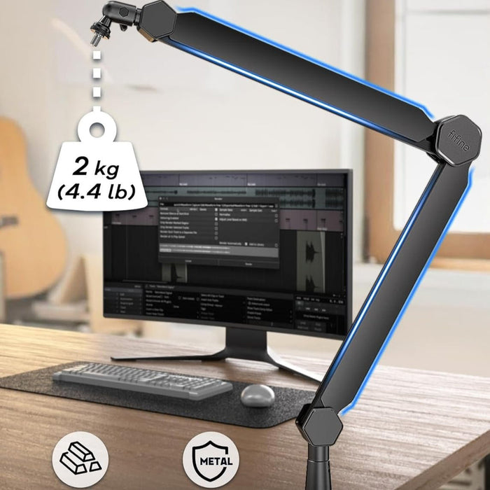 FIFINE BM66 Microphone Boom Arm Stand with Desk Clamp, Cable Channels, 3/8" to 5/8" Threads, Heavy Metal Microphone Stand for Podcast, Vocal Recording, Gaming