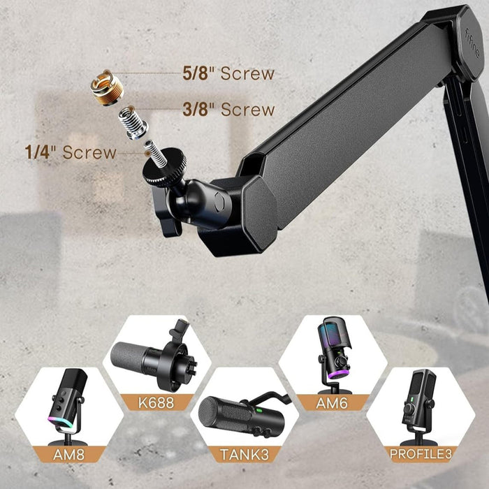 FIFINE BM66 Microphone Boom Arm Stand with Desk Clamp, Cable Channels, 3/8" to 5/8" Threads, Heavy Metal Microphone Stand for Podcast, Vocal Recording, Gaming