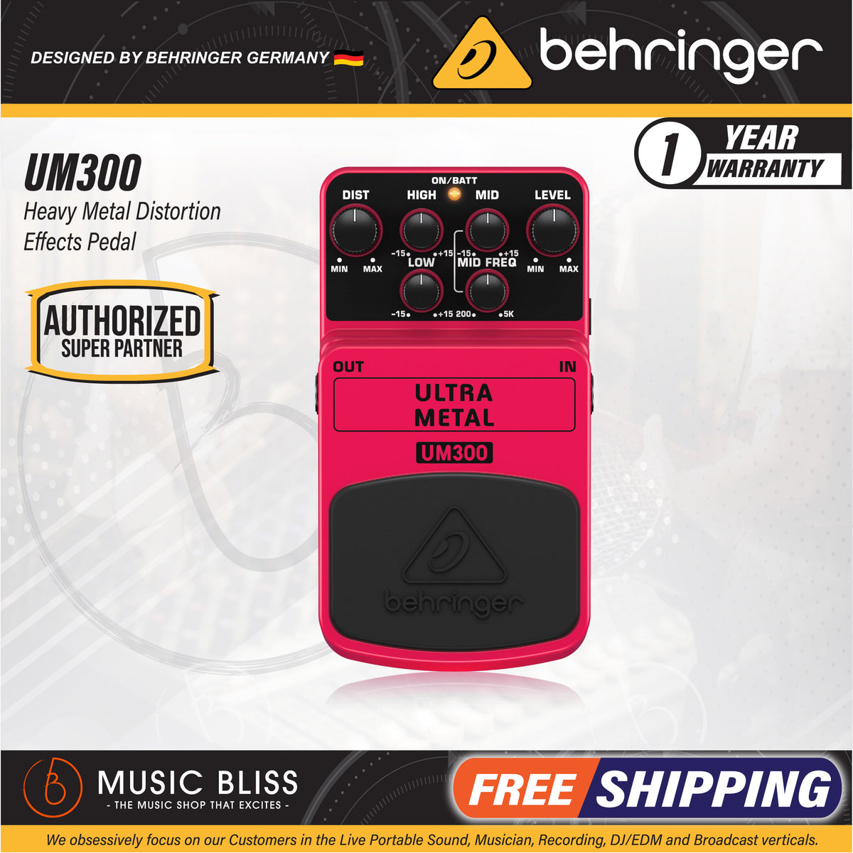 Behringer UM300 Ultra Metal Distortion Guitar Effects Pedal (UM-300 / UM 300)