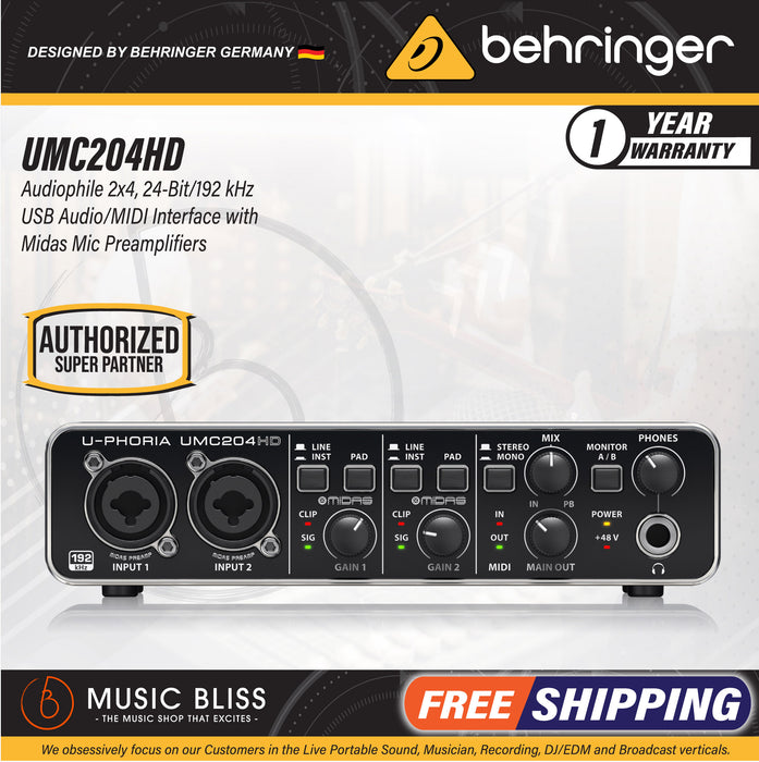 Behringer U-Phoria UMC-204HD USB 2.0 Audio Interface - Music Bliss Malaysia