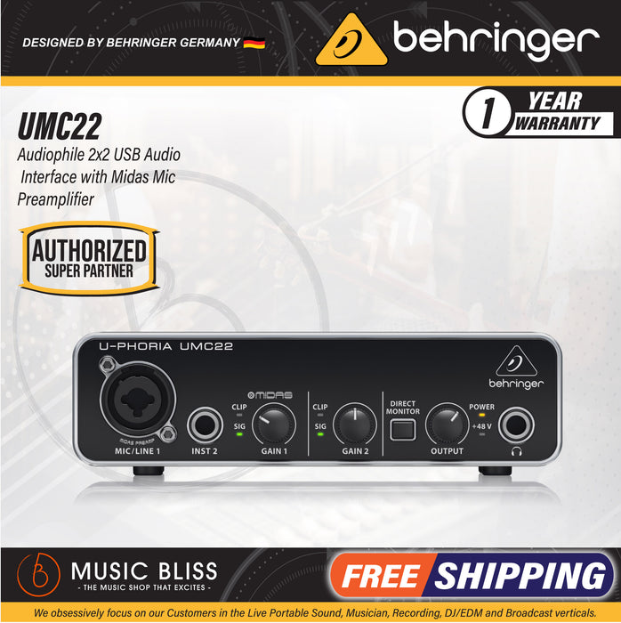 Behringer U-Phoria UMC22 Audiophile 2x2 USB Audio Interface with Midas Mic Preamplifier - Music Bliss Malaysia