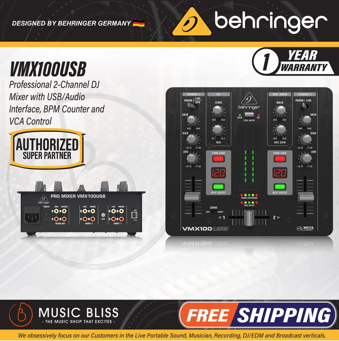 Behringer Pro Mixer VMX100USB 2-channel DJ Mixer - Music Bliss Malaysia