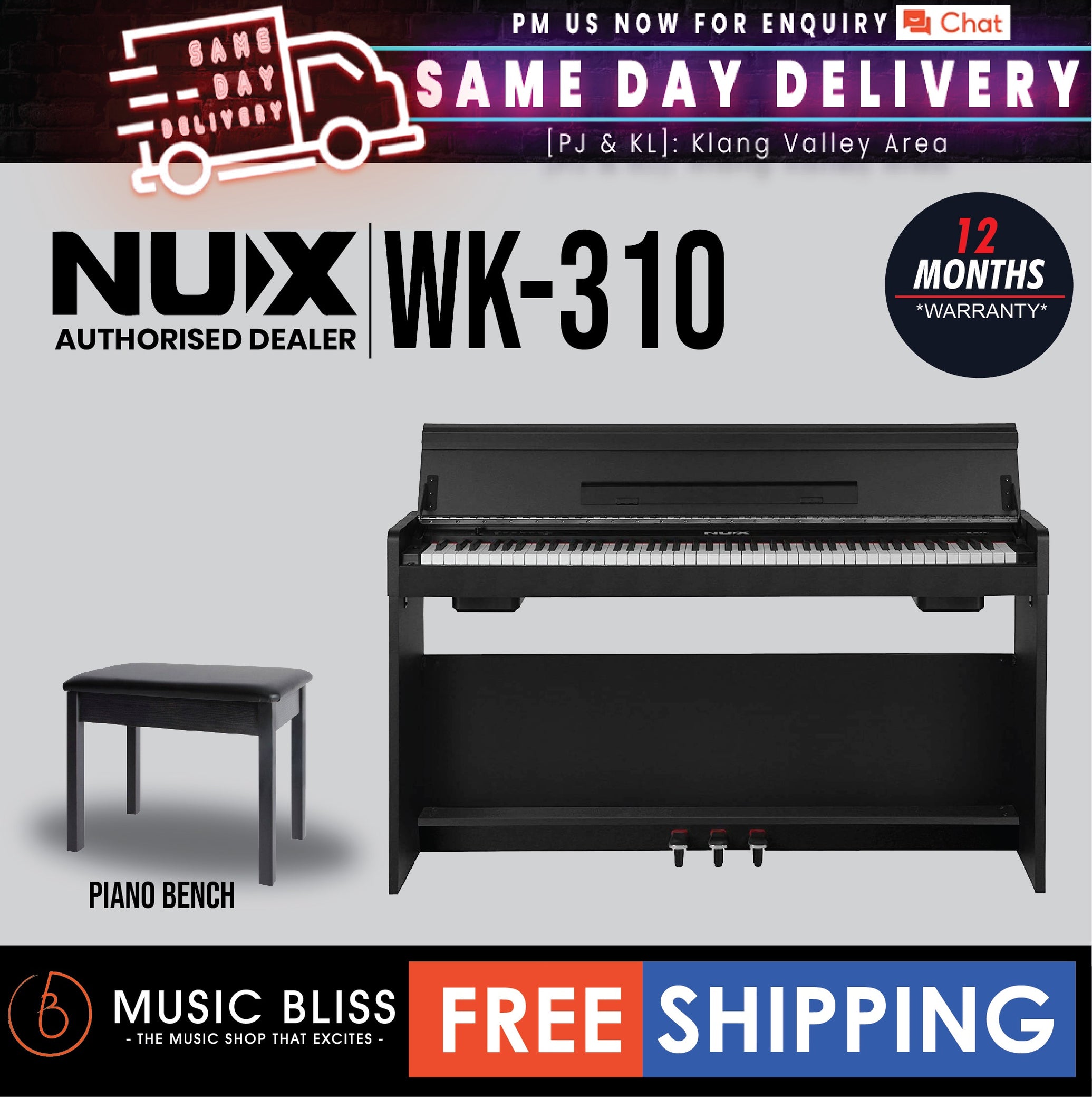 NUX WK310 88Key Graded Hammer Action Digital Piano with Piano Bench