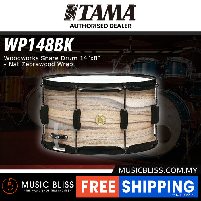 Tama WP148BK 8" x 14" Woodworks Snare Drum, Natural Zebrawood Wrap