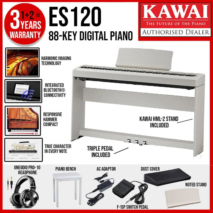 Kawai ES-120 Portable Best Beginner Digital Home Piano - Light Grey