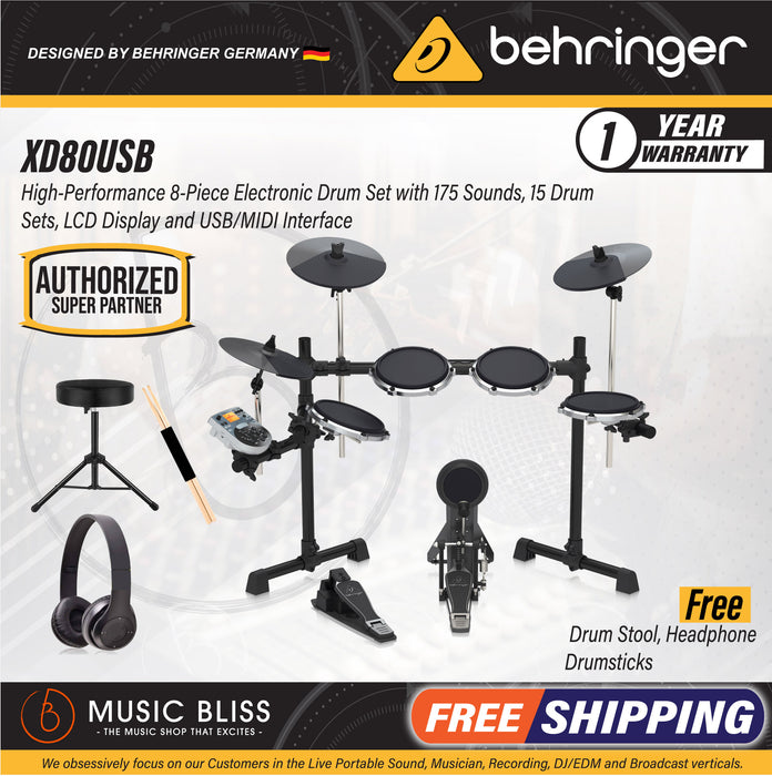 Behringer XD-80USB 5-piece Electronic Drum Set with Headphone, Drum Stool, Drumsticks, Best Beginner Home Practice Digital Drum ROLAND, YAMAHA, ALESIS, SUDOKU - Music Bliss Malaysia