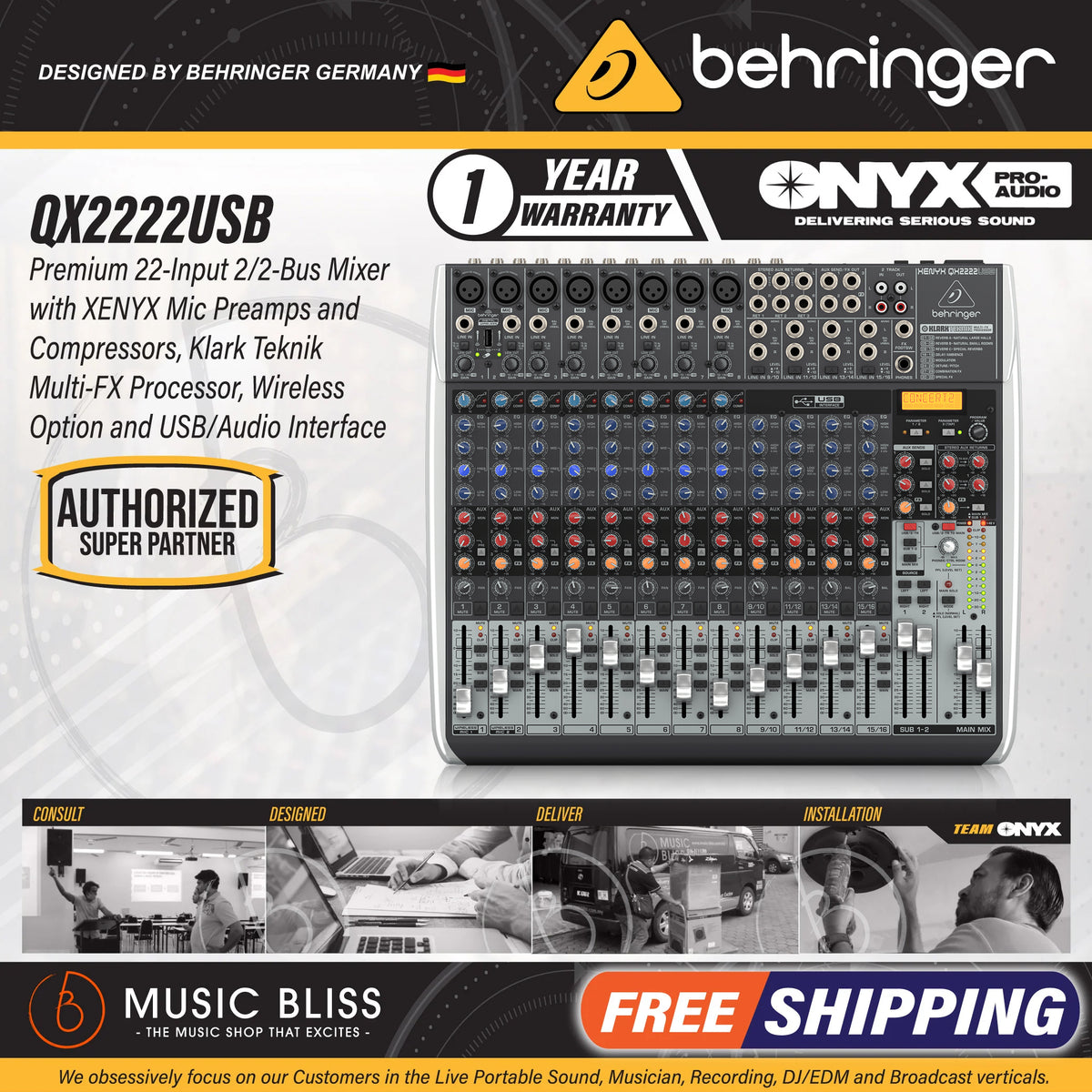 Behringer Xenyx QX2222USB Mixer with USB and Effects | Music Bliss