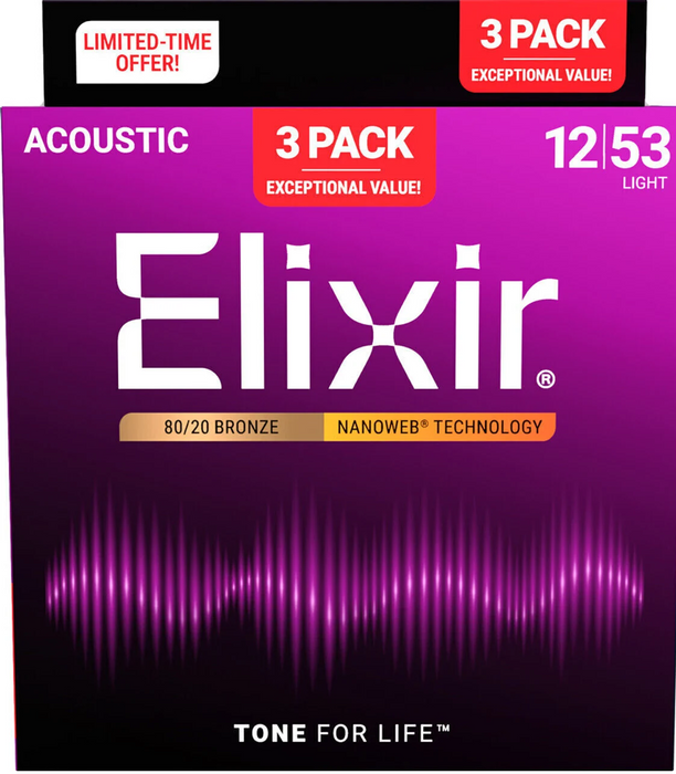 Elixir Strings 16539 Nanoweb 80/20 Acoustic Guitar Strings - .012-.053 Light 3-pack