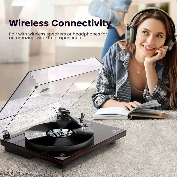 Angels Horn H002BT-BK Bluetooth Turntable Vinyl Record Player (Black) AT3600L Catridge, Best Value Buy Beginner Turntable Vinyl Record Player