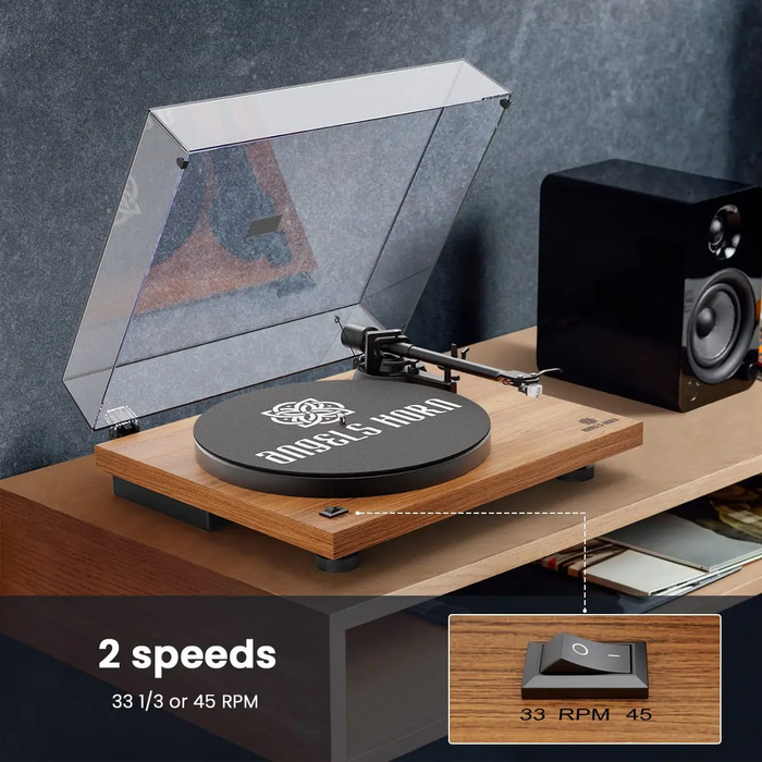 Angels Horn H002BT-OR Bluetooth Turntable Vinyl Record Player (Walnut) AT3600L Catridge, Best Value Buy Beginner Turntable Vinyl Record Player
