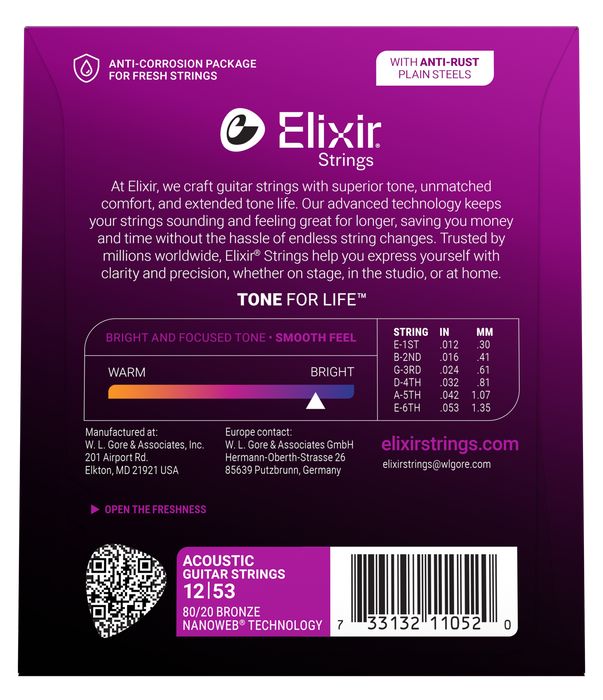 Elixir Strings Nanoweb 80/20 Acoustic Guitar Strings .012-.053 Light