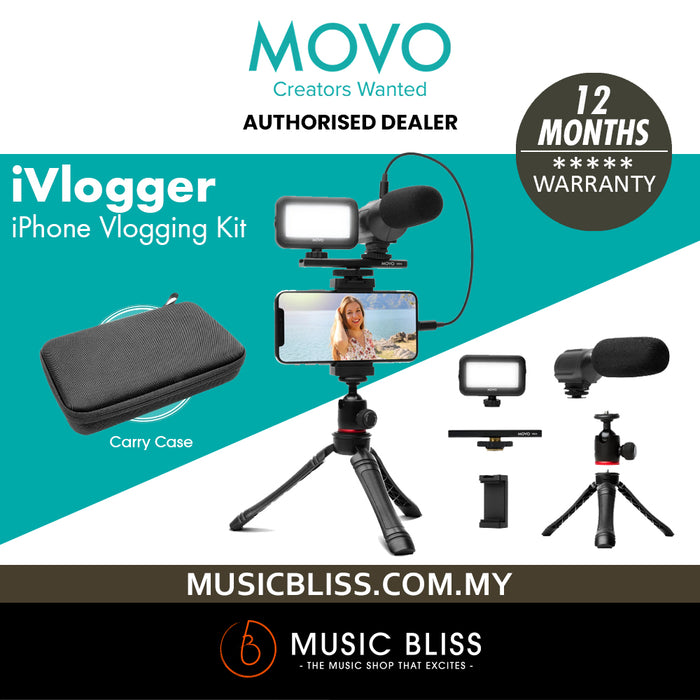 Movo iVlogger Vlogging Kit for iPhone - Lightning Compatible YouTube Starter Kit for Content Creators - Accessories: Phone Tripod, Phone Mount, LED Light and Shotgun Microphone - Music Bliss Malaysia