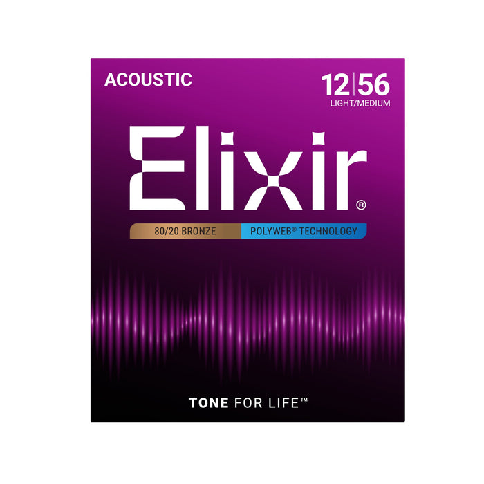 Elixir Strings Polyweb 80/20 Bronze Acoustic Guitar Strings .012-.056 Medium Light
