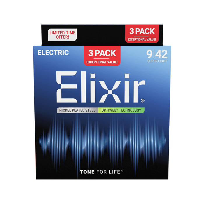 Elixir 16571 Optiweb Electric Guitar Strings, Super Light, 9-42, 3-Pack
