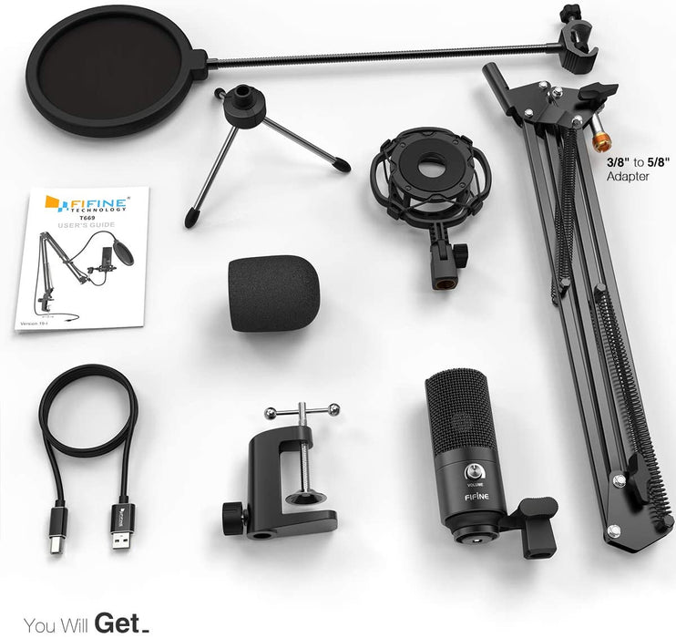 FIFINE T669 Studio Condenser USB Microphone, Computer PC Microphone Kit with Adjustable Scissor Arm Stand Shock Mount for Instruments Voice Overs Recording Podcasting YouTube Karaoke Gaming Streaming (T-669) - Music Bliss Malaysia