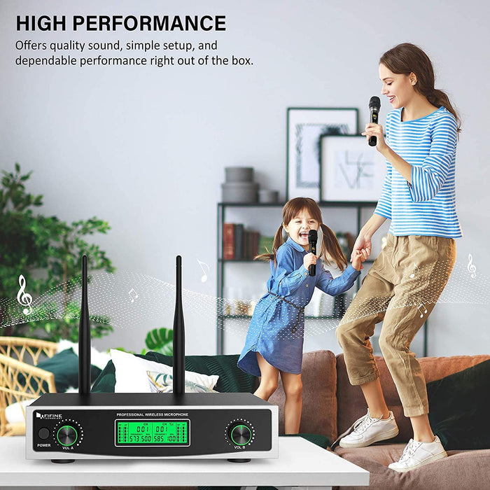 FIFINE K040 Dual Wireless Microphone System, Fifine Two Handheld Dynamic Cordless Mic and Dual Channel Receiver, 50 Selectable UHF Frequency for Karaoke Singing Party, Church, DJ, Wedding, School Presentation (K-040) - Music Bliss Malaysia