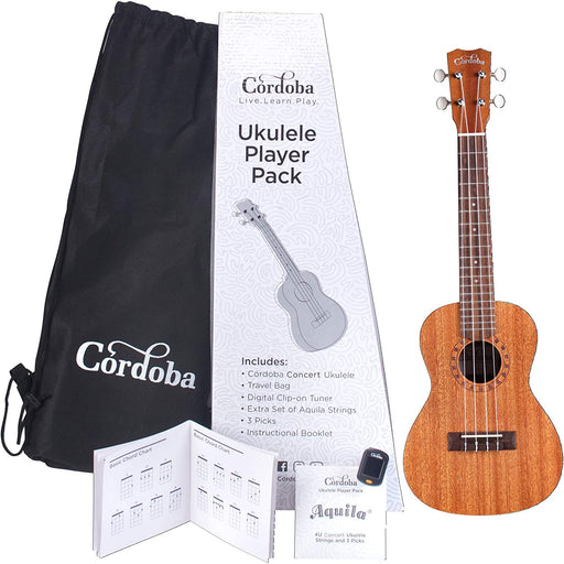 Cordoba Concert Ukulele Player Pack - Mahogany Top, Mahagony Back & Sides with Gig Bag, Instructional Book, and Strings - Music Bliss Malaysia