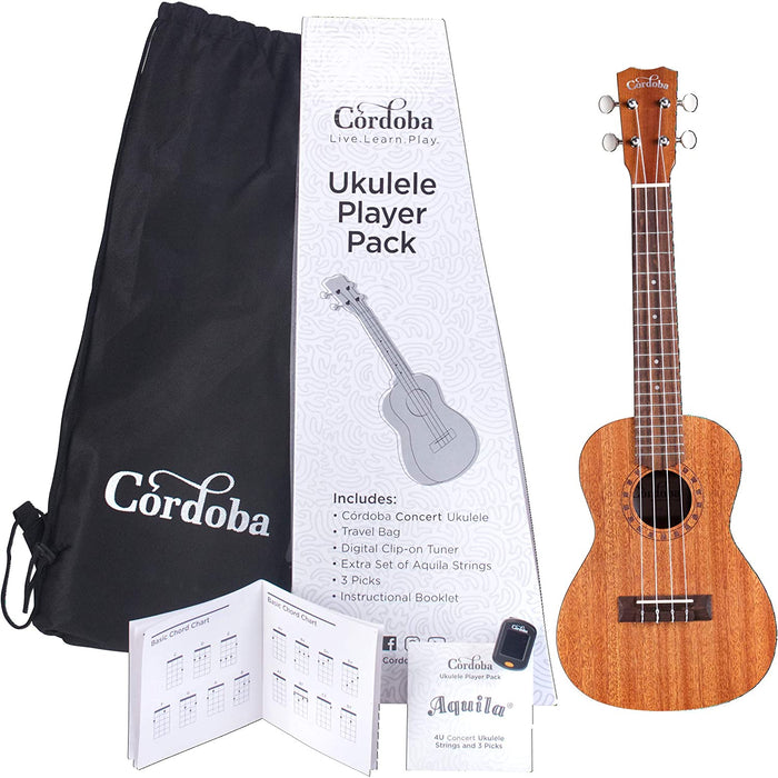 Cordoba Concert Ukulele Player Pack - Mahogany Top, Mahagony Back & Sides with Gig Bag, Instructional Book, and Strings - Music Bliss Malaysia