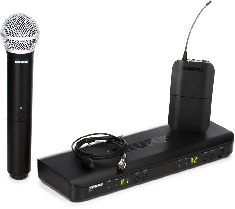 Shure BLX1288/CVL Dual Channel Combo Wireless System, BLX88 Receiver, BLX1 Bodypack Transmitter, BLX2/PG58 Handheld Cardioid Dynamic Mic & CVL Cardioid Condenser Lavalier Mic with Free Mic Stand - Music Bliss Malaysia